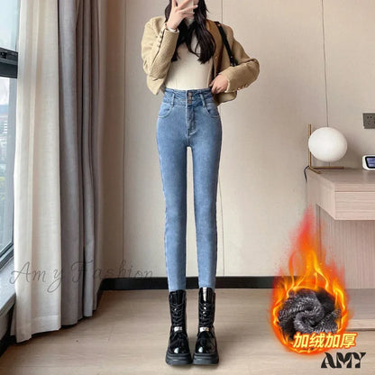 Amy Fashion - Winter Plus Velvet Women Warm Skinny Pencil Pants Thickened High Waist Casual Slim