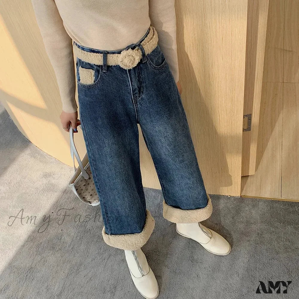 Amy Fashion - Winter Thick Velvet Fleece Faux Lambs Wool Stitching High Waist Casual Warm Wide Leg