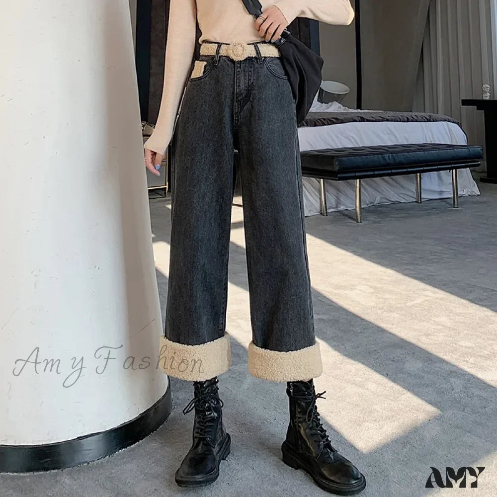 Amy Fashion - Winter Thick Velvet Fleece Faux Lambs Wool Stitching High Waist Casual Warm Wide Leg