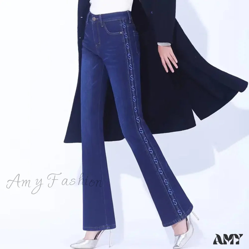 Amy Fashion - Winter Thicken Warm Stretch Woman Flare 2024 New High Waist Korean Pockets Solid