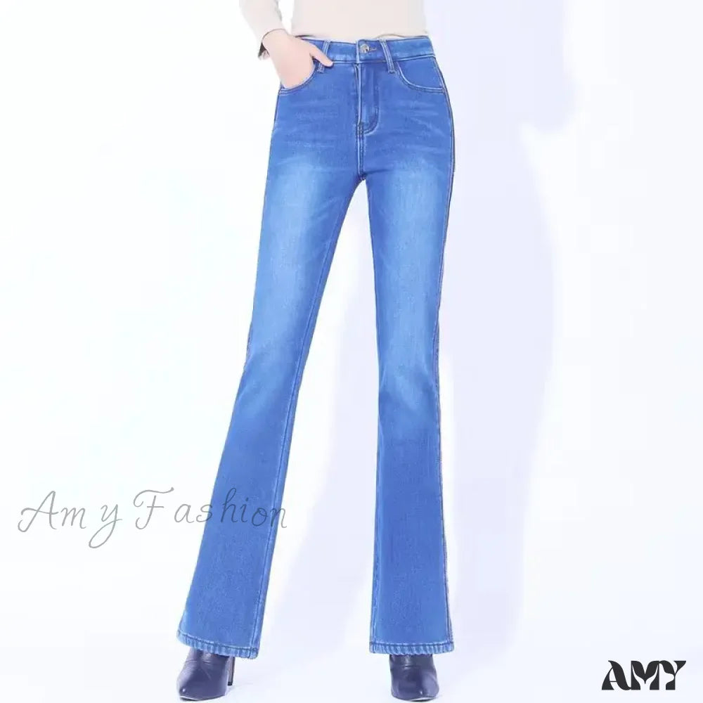 Amy Fashion - Winter Thicken Warm Stretch Woman Flare 2024 New High Waist Korean Pockets Solid