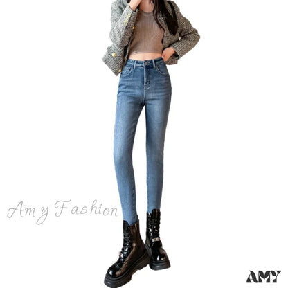 Amy Fashion - Winter Warm Plush Stretch Thermal Fleece Retro Thicken High Waist Jean