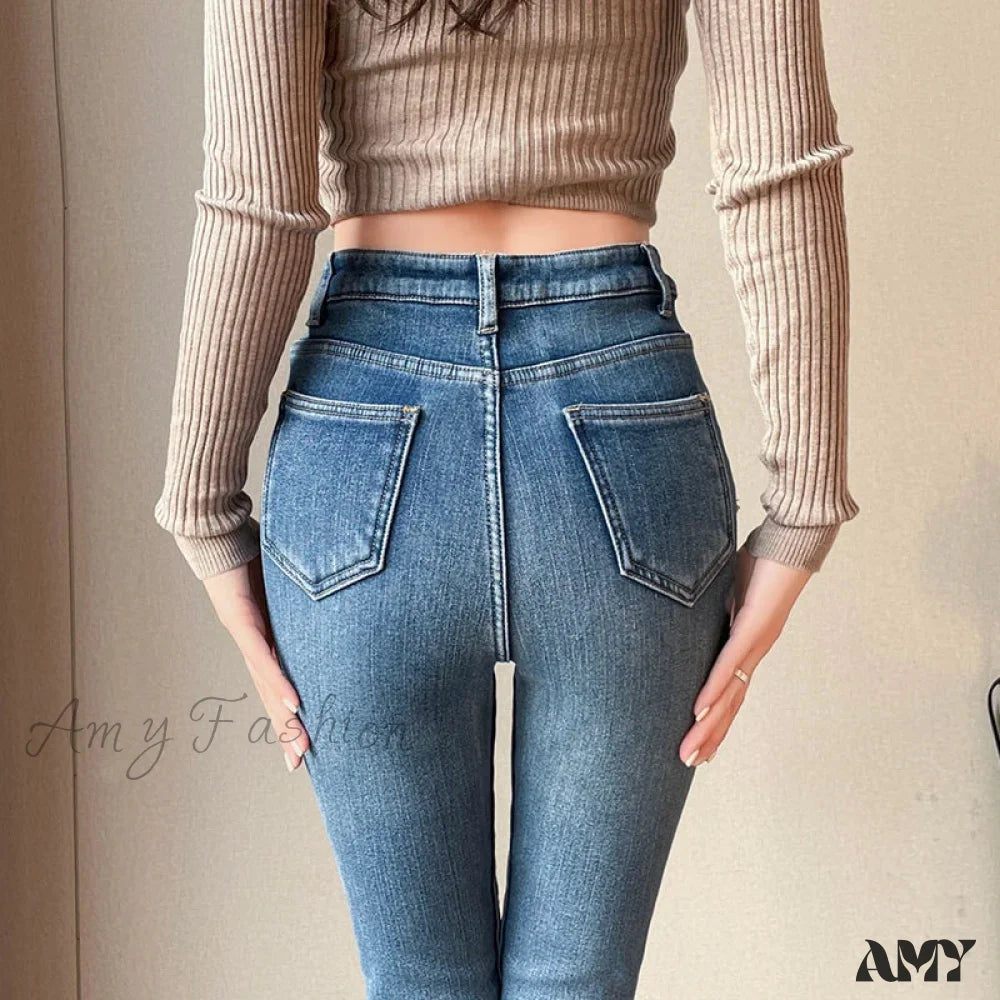 Amy Fashion - Winter Warm Plush Stretch Thermal Fleece Retro Thicken High Waist Jean Blue / 25