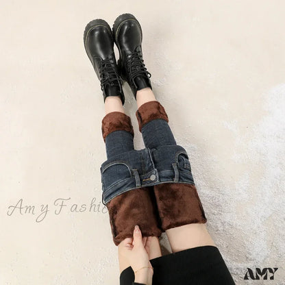 Amy Fashion - Winter Warm Thick Velvet High Skinny Slim Stretch Pencil Denim Jean