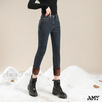 Amy Fashion - Winter Warm Thick Velvet High Skinny Slim Stretch Pencil Denim Jean