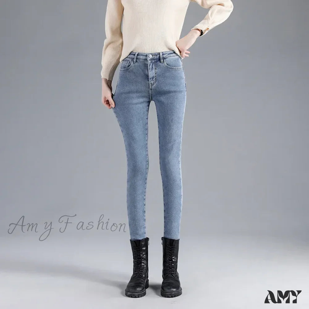 Amy Fashion - Winter Warm Thick Velvet High Skinny Slim Stretch Pencil Denim Jean Blue / 25