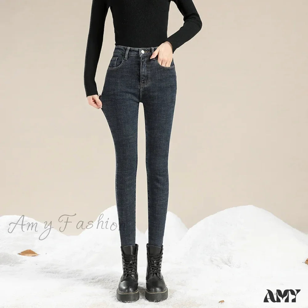 Amy Fashion - Winter Warm Thick Velvet High Skinny Slim Stretch Pencil Denim Jean Blue Grey / 25