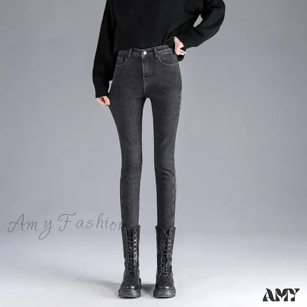 Amy Fashion - Winter Warm Thick Velvet High Skinny Slim Stretch Pencil Denim Jean Grey / 25