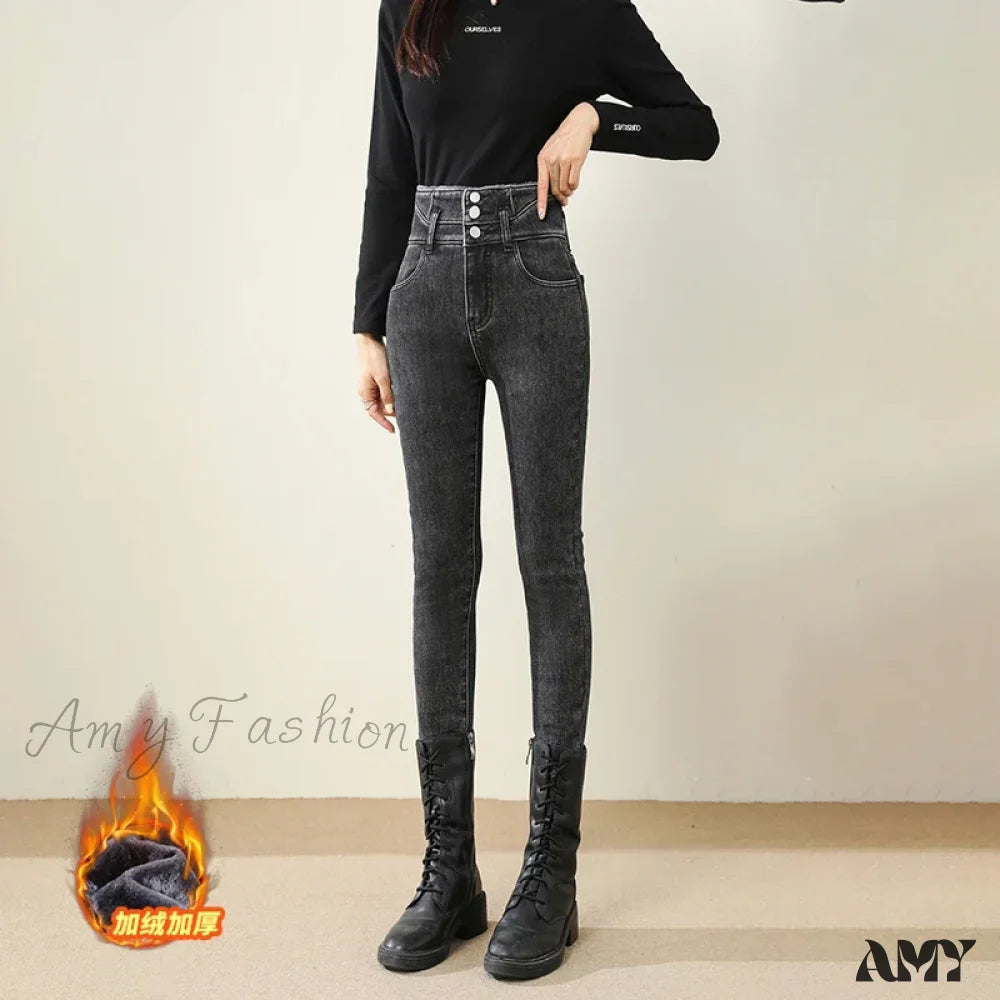 Amy Fashion - Winter Warm Women High Waist Skinny Thick Velvet Casual Lady Denim Pencil Pants Plus