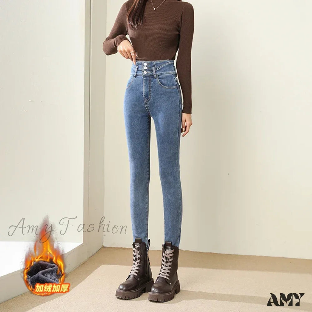 Amy Fashion - Winter Warm Women High Waist Skinny Thick Velvet Casual Lady Denim Pencil Pants Plus