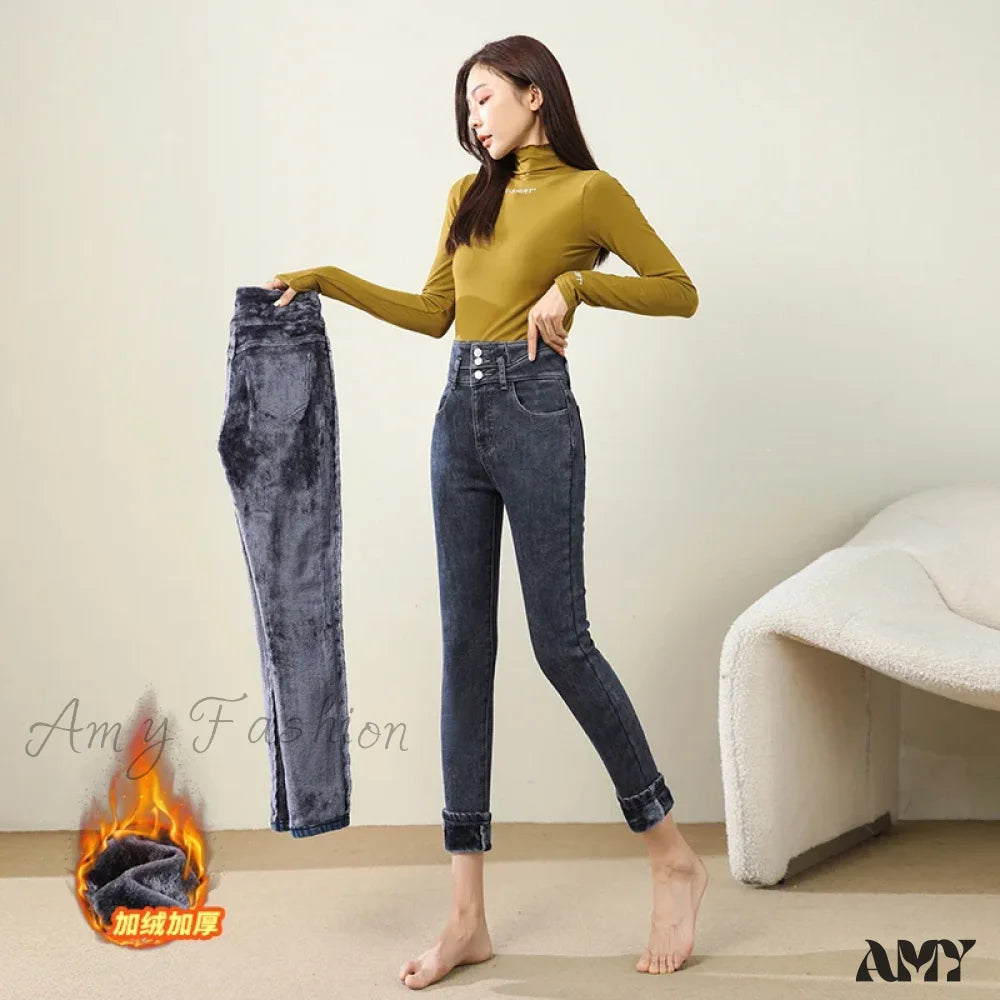 Amy Fashion - Winter Warm Women High Waist Skinny Thick Velvet Casual Lady Denim Pencil Pants Plus