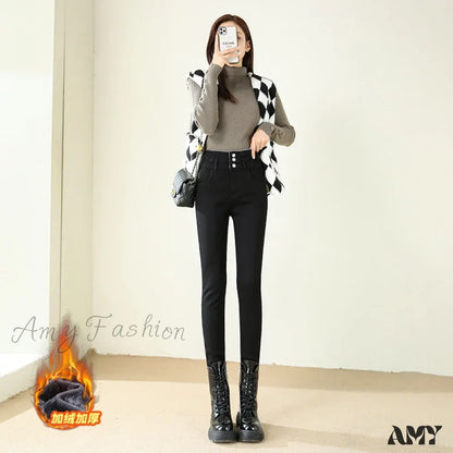 Amy Fashion - Winter Warm Women High Waist Skinny Thick Velvet Casual Lady Denim Pencil Pants Plus