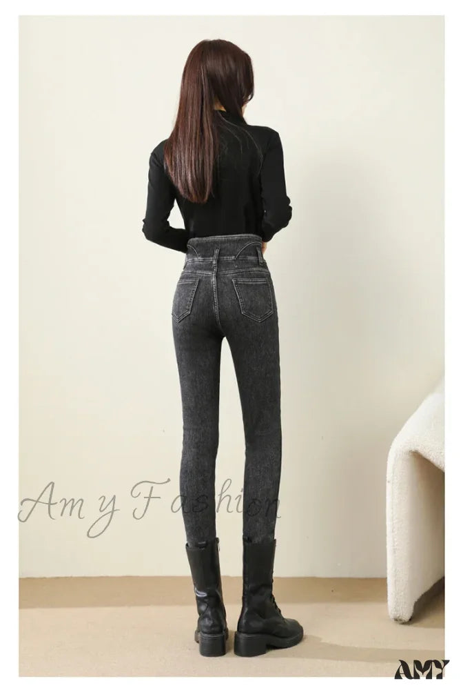 Amy Fashion - Winter Warm Women High Waist Skinny Thick Velvet Casual Lady Denim Pencil Pants Plus