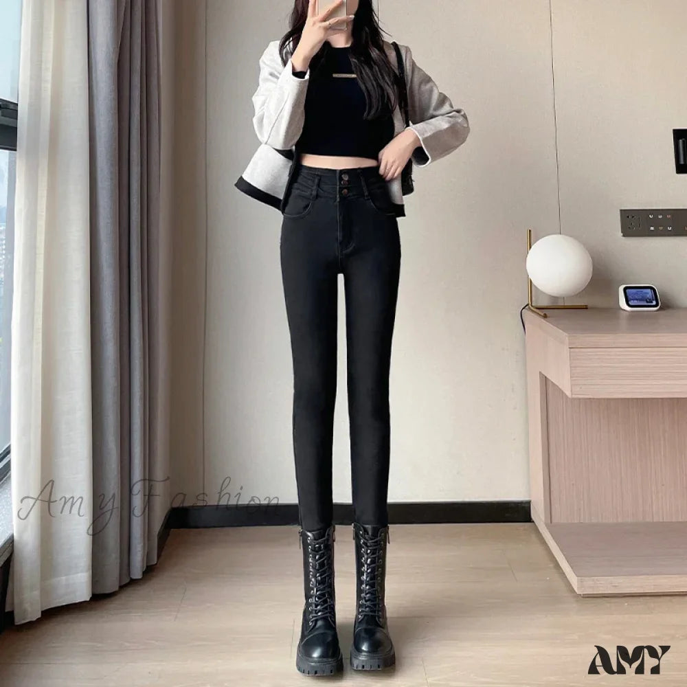 Amy Fashion - Winter Women Stretch Skinny Retro Patchwork Warm Thick Pencil Pants Slim Denim