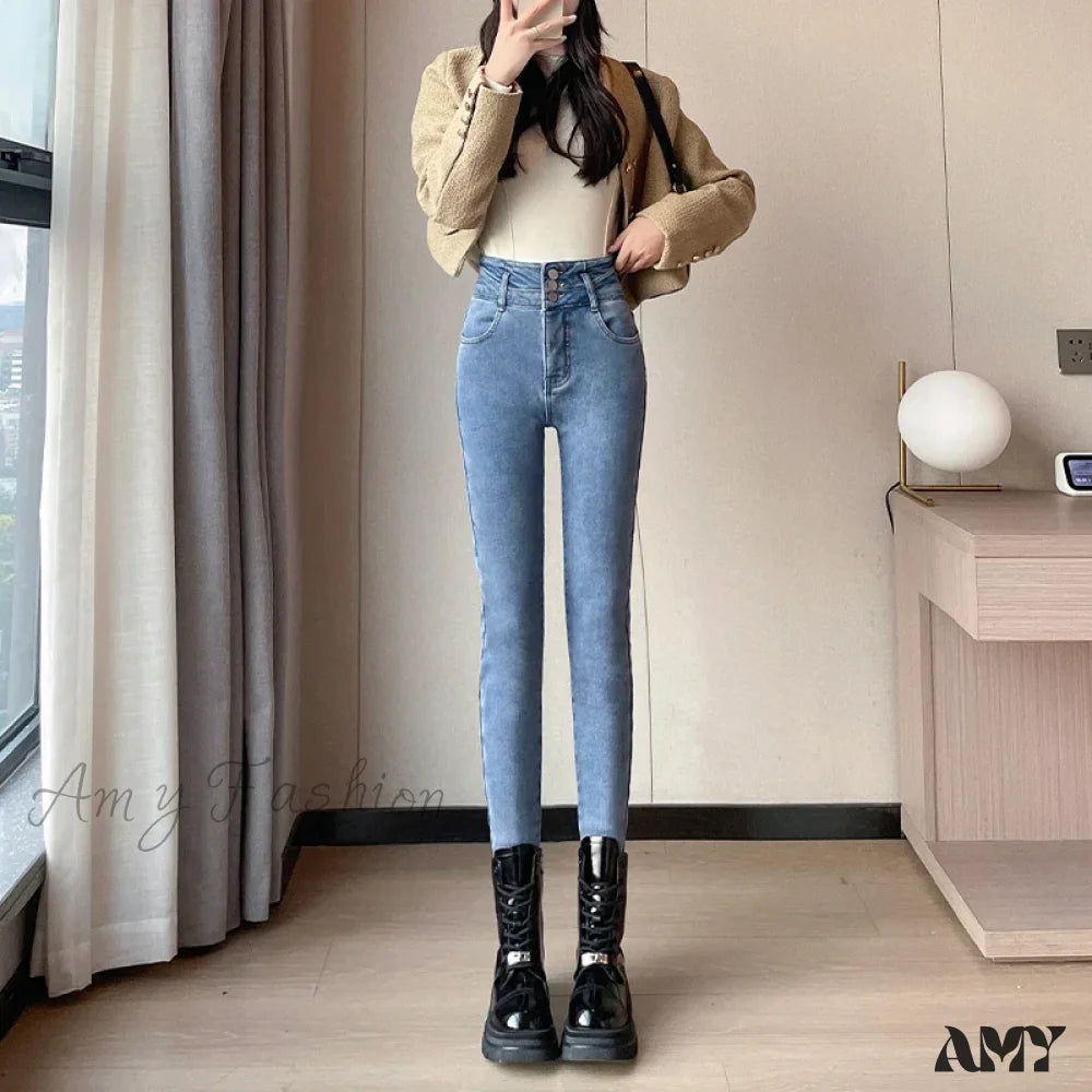 Amy Fashion - Winter Women Stretch Skinny Retro Patchwork Warm Thick Pencil Pants Slim Denim