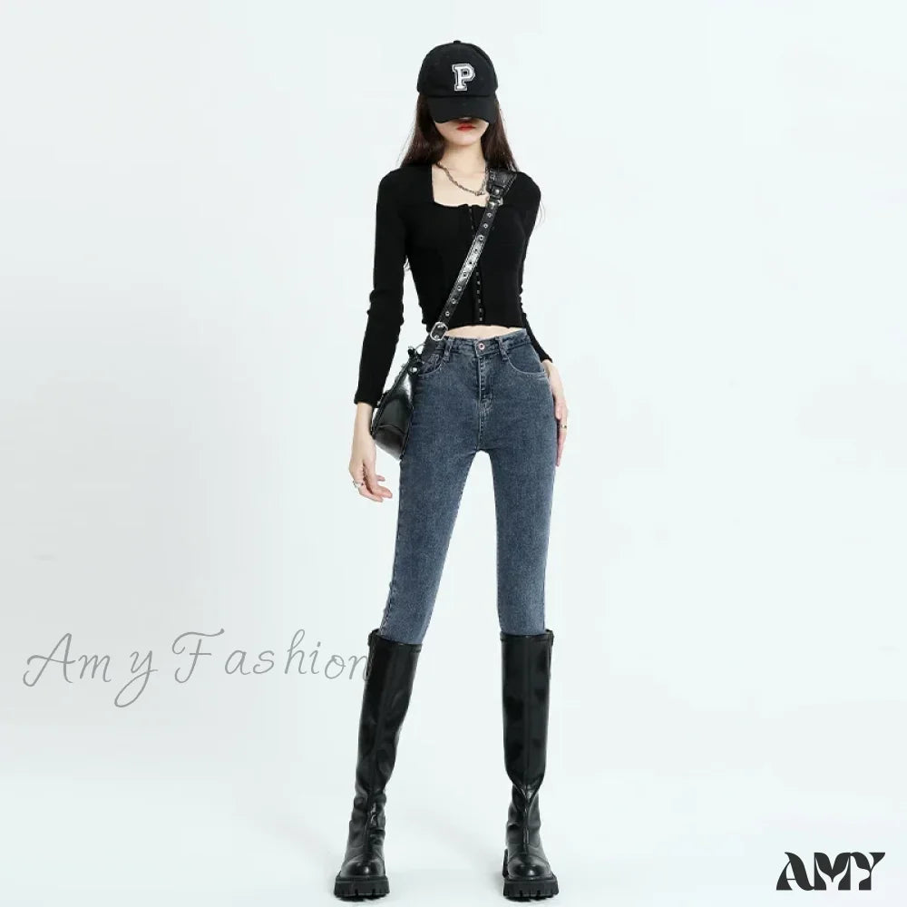 Amy Fashion - Winter Women Stretch Thicken Lamb Fluff High Waist Fleece Lined Warm Slim Denim