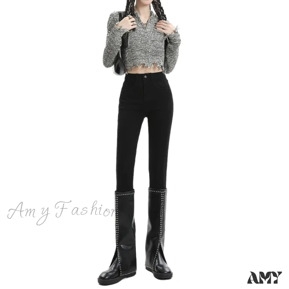 Amy Fashion - Winter Women Thick Velvet High Waist Skinny Casual Lady Denim Pencil Pants Plus Size