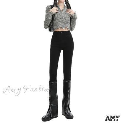 Amy Fashion - Winter Women Thick Velvet High Waist Skinny Casual Lady Denim Pencil Pants Plus Size