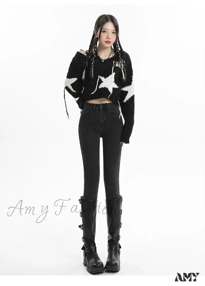 Amy Fashion - Winter Women Thick Velvet High Waist Skinny Casual Lady Denim Pencil Pants Plus Size