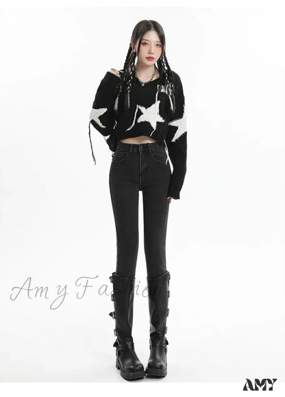 Amy Fashion - Winter Women Thick Velvet High Waist Skinny Casual Lady Denim Pencil Pants Plus Size