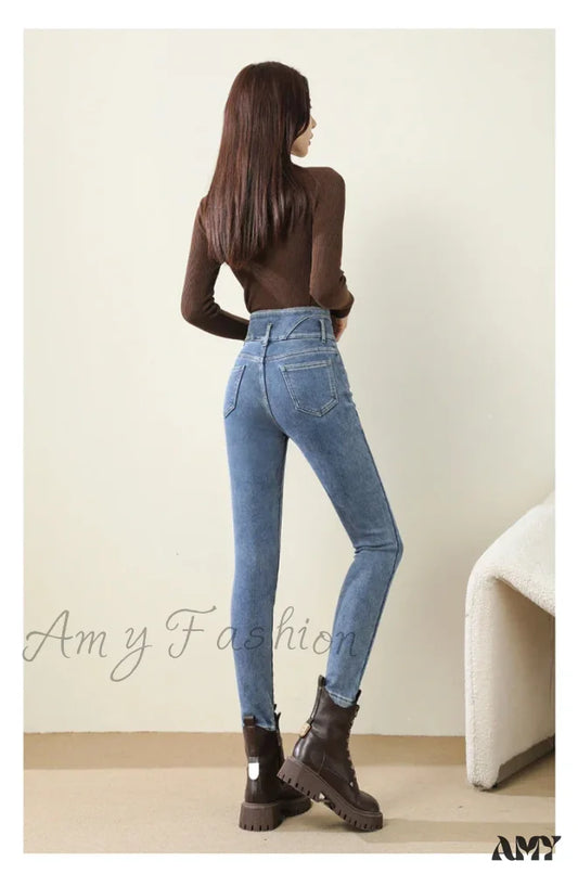 Amy Fashion - Winter Women Thicken Lamb Fluff High Waist Stretchy Fleece Lined Warm Slim Denim