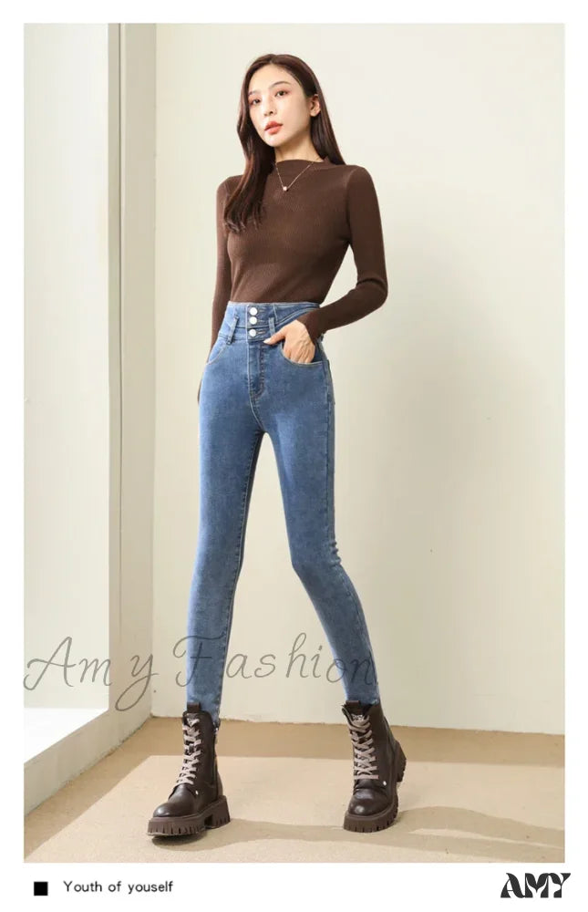 Amy Fashion - Winter Women Thicken Lamb Fluff High Waist Stretchy Fleece Lined Warm Slim Denim