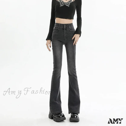 Amy Fashion - Winter Women’s Plus Velvet Warm Black Flare Vintage High Waist Harajuku Streetwear