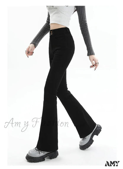 Amy Fashion - Winter Women’s Plus Velvet Warm Black Flare Vintage High Waist Harajuku Streetwear