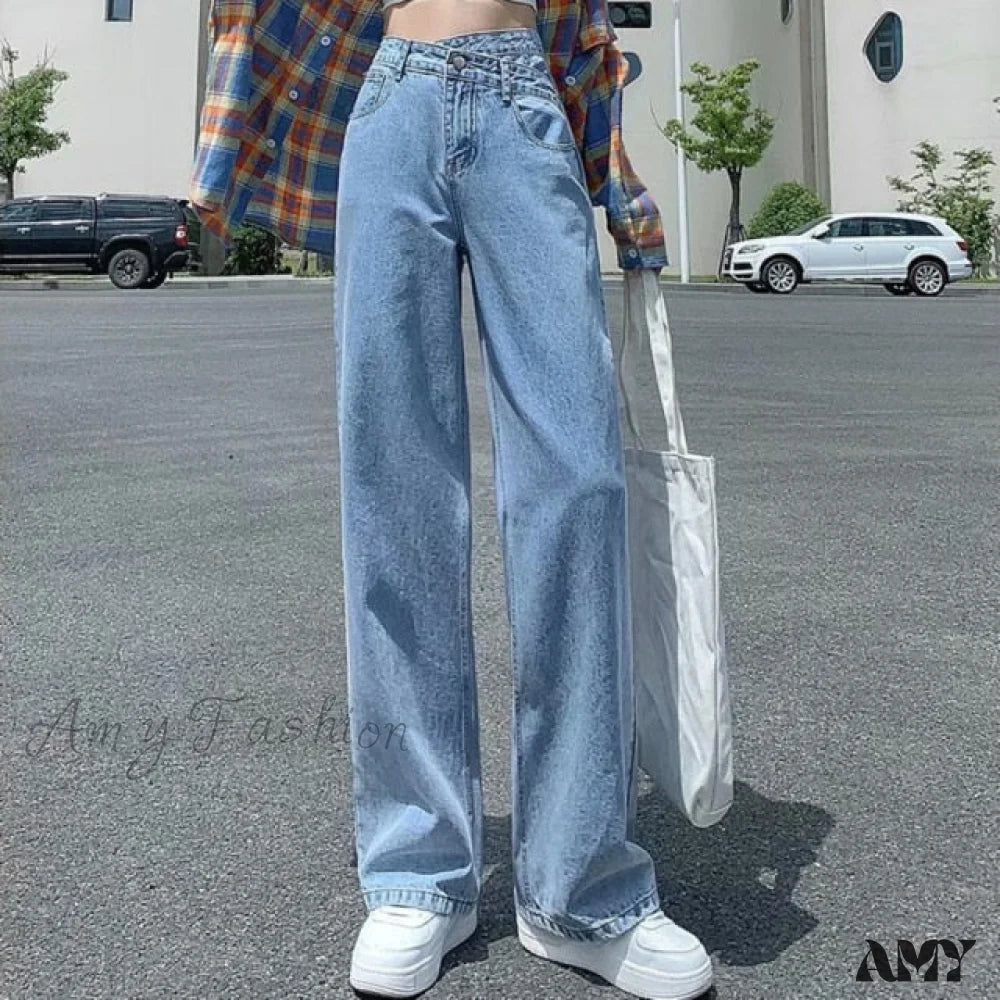 Amy Fashion - Woman Jeans High Waist Denim Pants Sky Blue / S