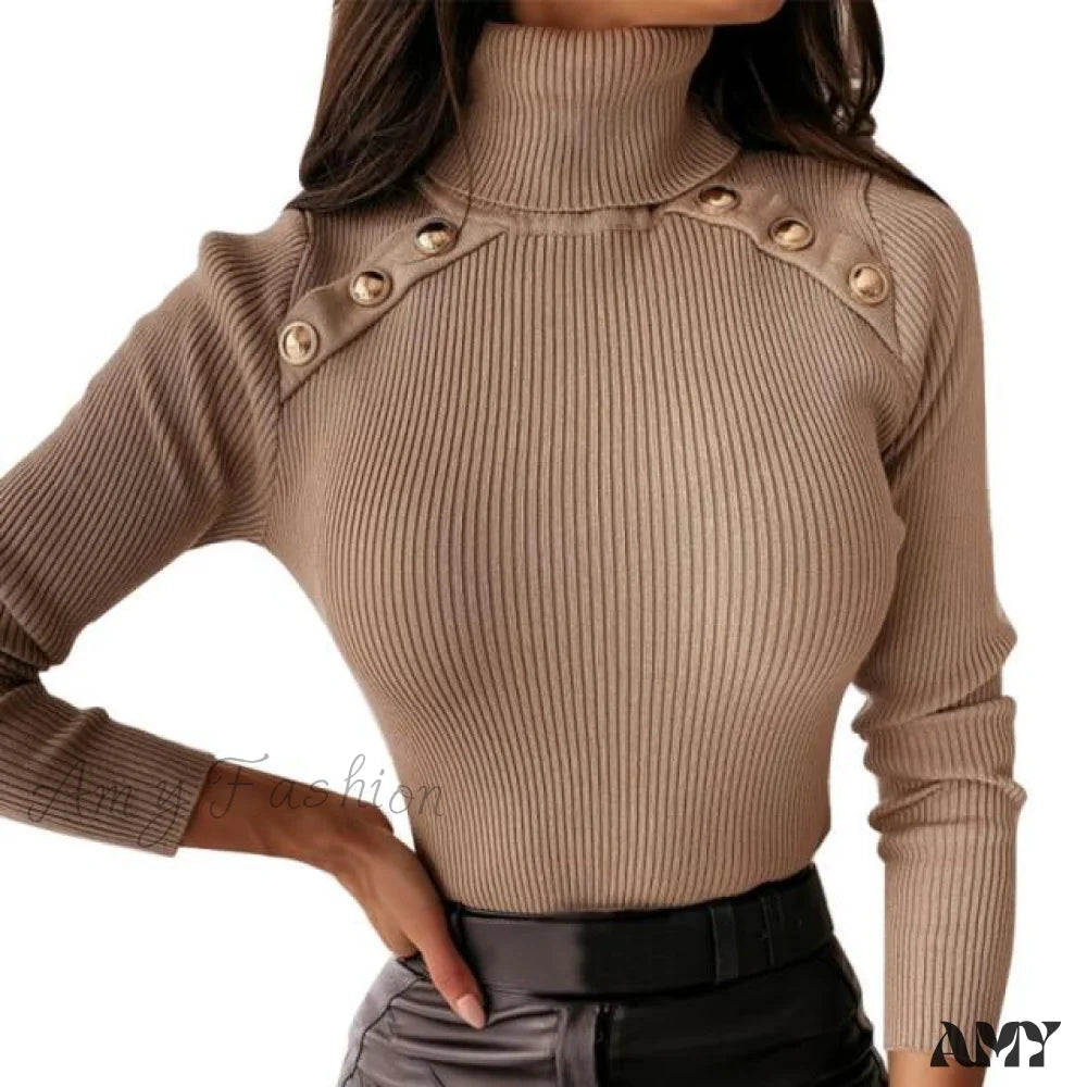 Amy Fashion - Woman Turtleneck Knitted Sweaters Khaki / S