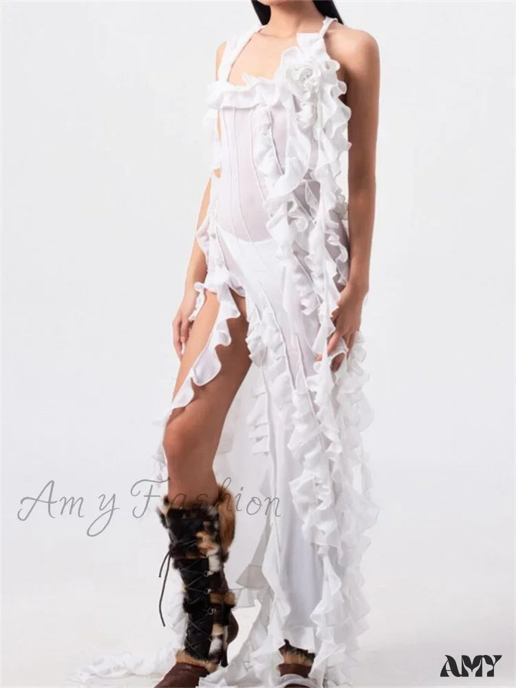 Amy Fashion - Women 3D Floral Tassels Ruffles Sheer Mesh See Through Y2K Off Shoulder Backless Sexy