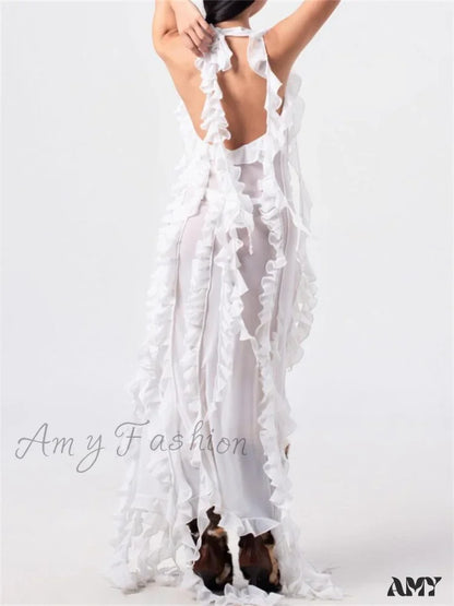 Amy Fashion - Women 3D Floral Tassels Ruffles Sheer Mesh See Through Y2K Off Shoulder Backless Sexy