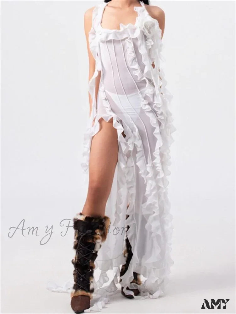 Amy Fashion - Women 3D Floral Tassels Ruffles Sheer Mesh See Through Y2K Off Shoulder Backless Sexy