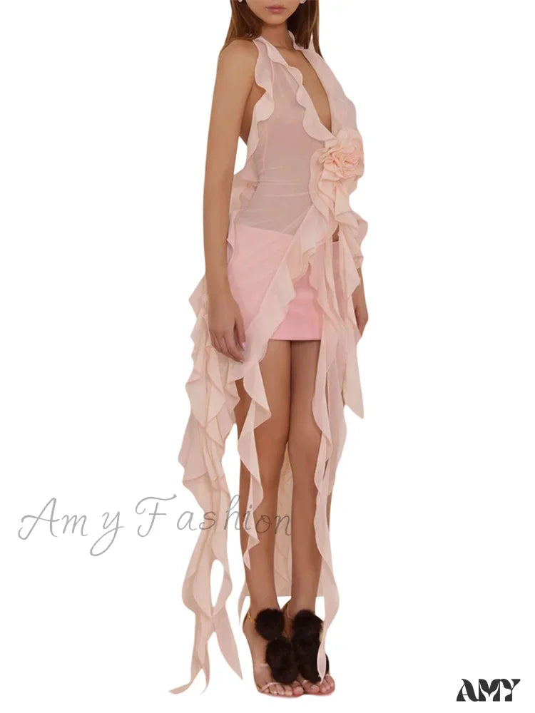 Amy Fashion - Women 3D Flower Halter Backless Deep V-Neck Irregular Hem Ruffles Tassels Split Club