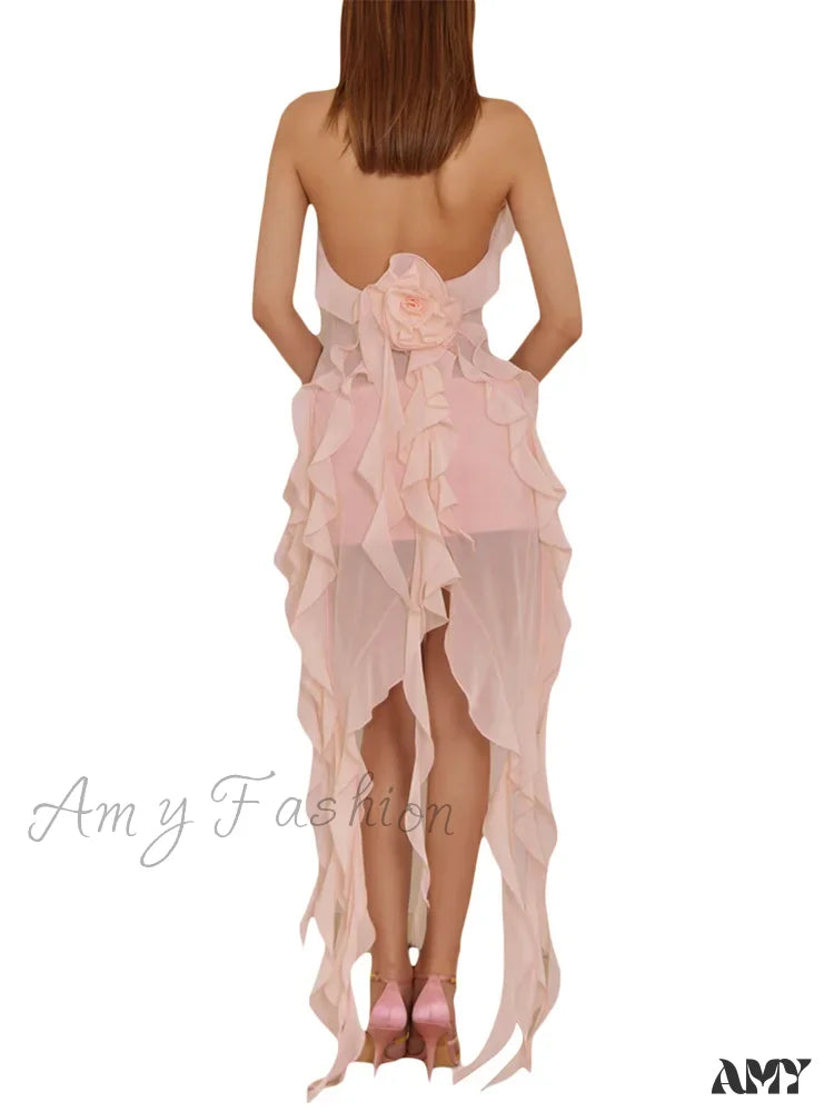 Amy Fashion - Women 3D Flower Halter Backless Deep V-Neck Irregular Hem Ruffles Tassels Split Club