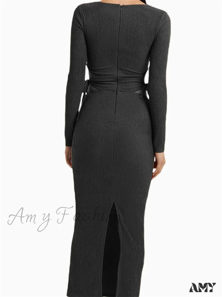 Amy Fashion - Women Autumn Knitted Slim Fit Solid Round Neck Back Split Sleeve Hollow Out Tie Up