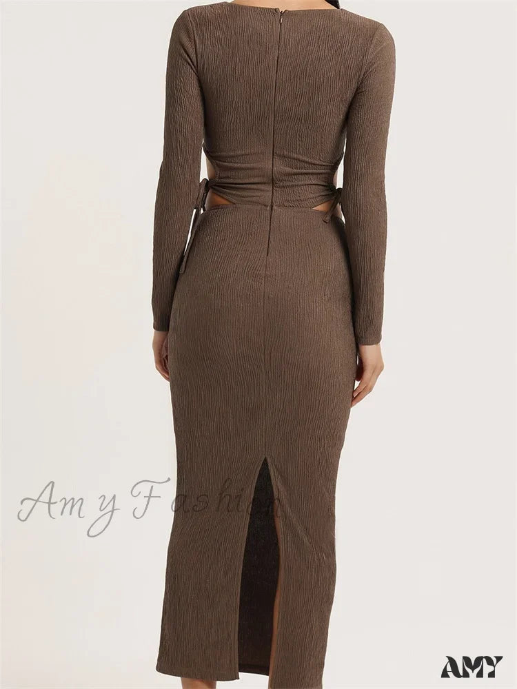 Amy Fashion - Women Autumn Knitted Slim Fit Solid Round Neck Back Split Sleeve Hollow Out Tie Up