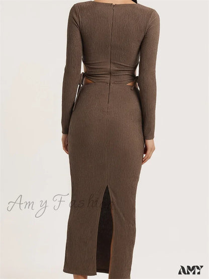 Amy Fashion - Women Autumn Knitted Slim Fit Solid Round Neck Back Split Sleeve Hollow Out Tie Up