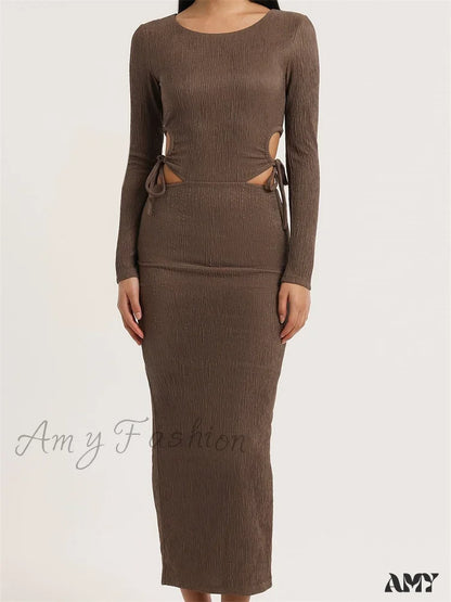 Amy Fashion - Women Autumn Knitted Slim Fit Solid Round Neck Back Split Sleeve Hollow Out Tie Up