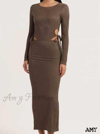 Amy Fashion - Women Autumn Knitted Slim Fit Solid Round Neck Back Split Sleeve Hollow Out Tie Up