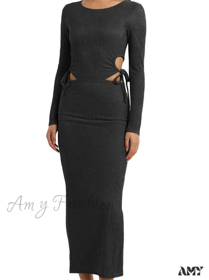 Amy Fashion - Women Autumn Knitted Slim Fit Solid Round Neck Back Split Sleeve Hollow Out Tie Up