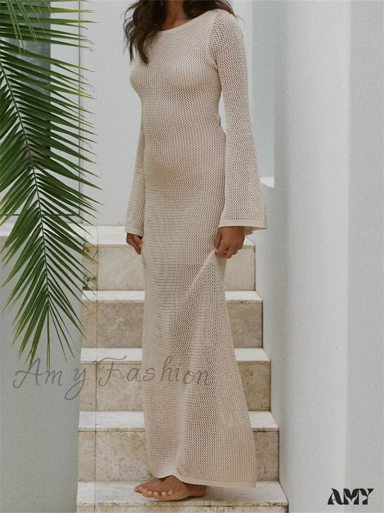 Amy Fashion - Women Autumn Knitted Solid Sleeve Round Neck Backless Tie-Up Slim Party Beach Female