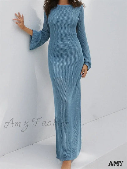 Amy Fashion - Women Autumn Knitted Solid Sleeve Round Neck Backless Tie-Up Slim Party Beach Female