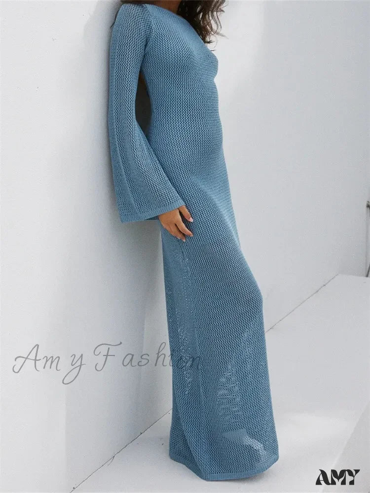 Amy Fashion - Women Autumn Knitted Solid Sleeve Round Neck Backless Tie-Up Slim Party Beach Female