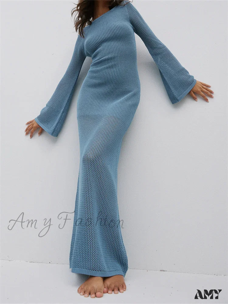 Amy Fashion - Women Autumn Knitted Solid Sleeve Round Neck Backless Tie-Up Slim Party Beach Female