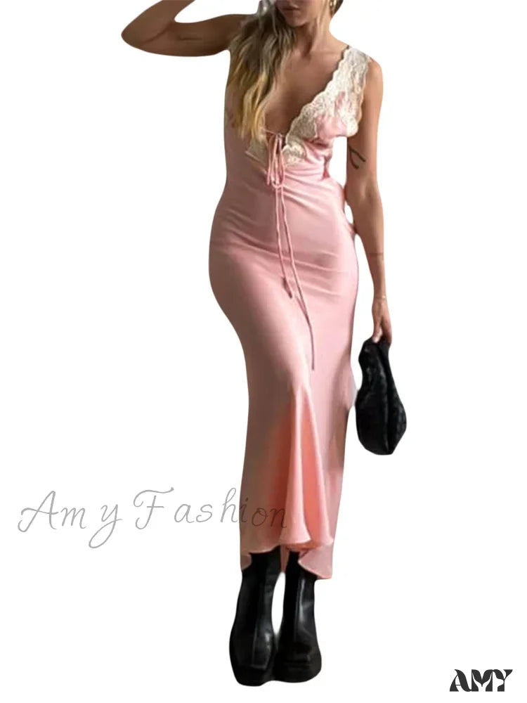 Amy Fashion - Women Backless Sexy Floral Print Sleeveless Lace V-Neck Cocktail Slim Spaghetti Strap