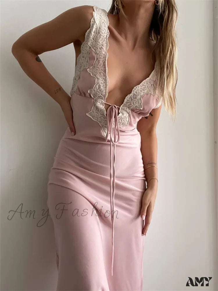 Amy Fashion - Women Backless Sexy Floral Print Sleeveless Lace V-Neck Cocktail Slim Spaghetti Strap