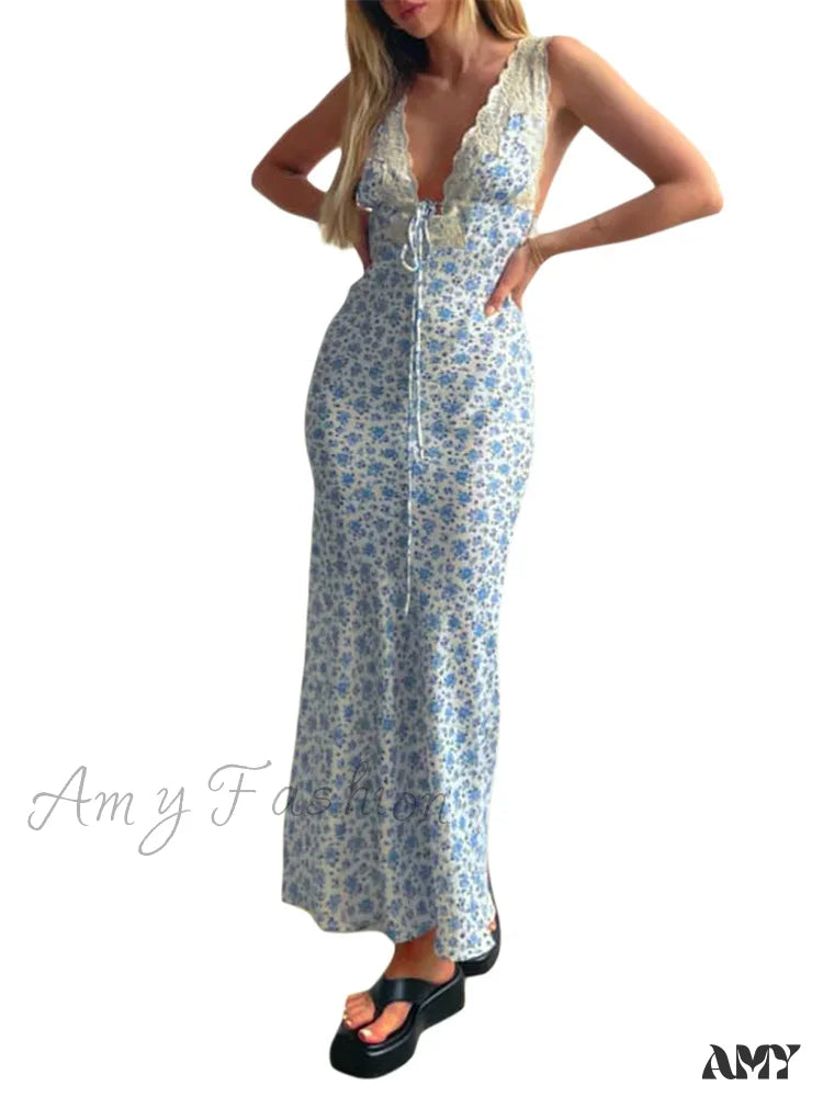 Amy Fashion - Women Backless Sexy Floral Print Sleeveless Lace V-Neck Cocktail Slim Spaghetti Strap