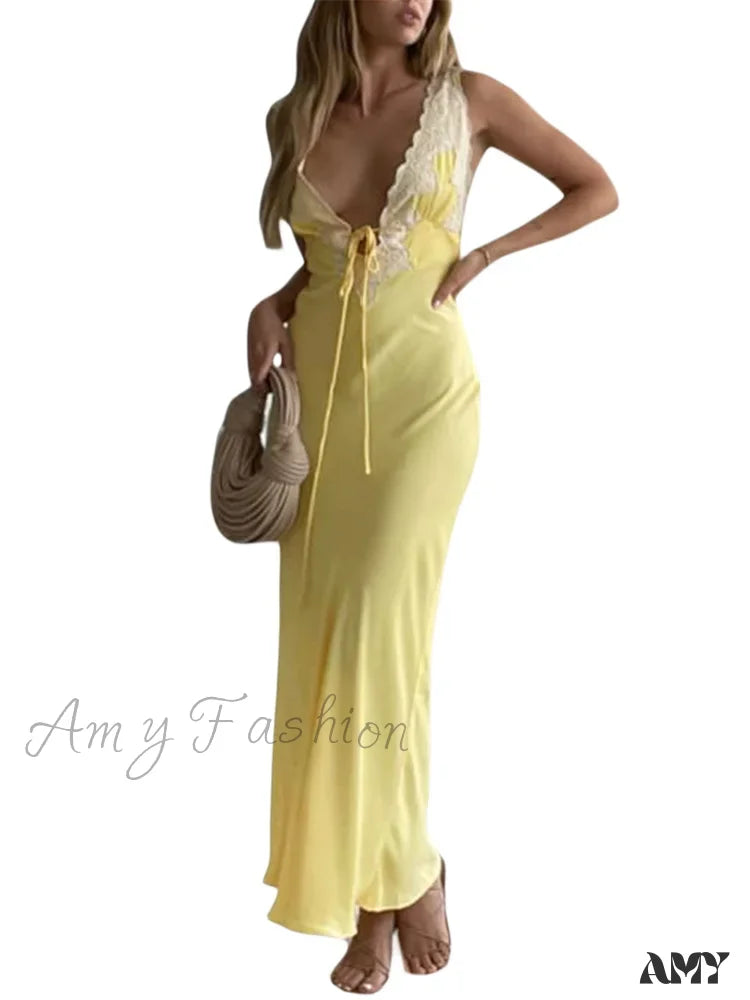 Amy Fashion - Women Backless Sexy Floral Print Sleeveless Lace V-Neck Cocktail Slim Spaghetti Strap