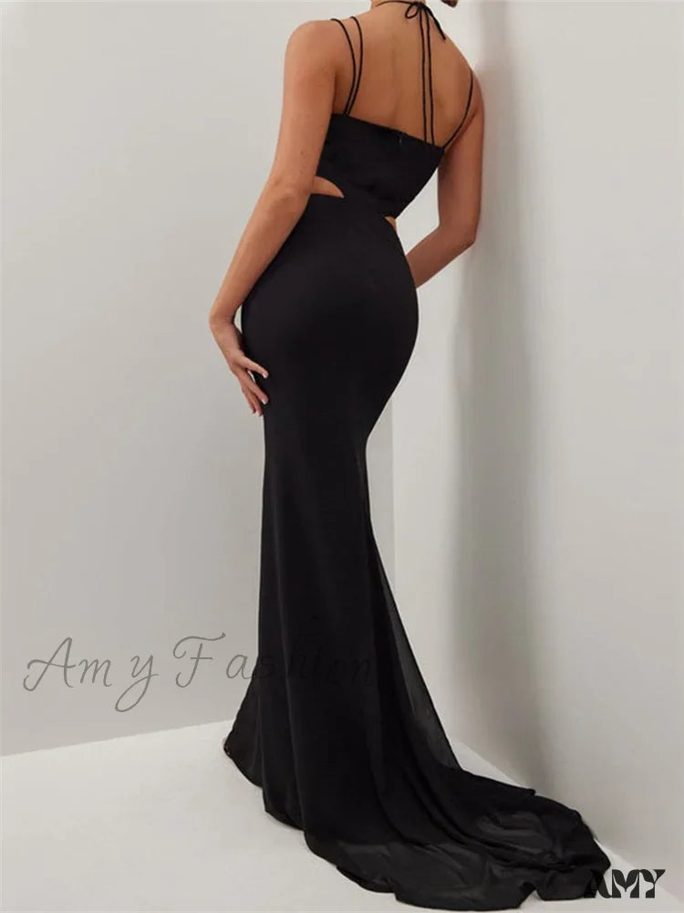 Amy Fashion - Women Black Halter Sleeveless Slim Waist Hollow Out Spaghetti Strap Evening Summer